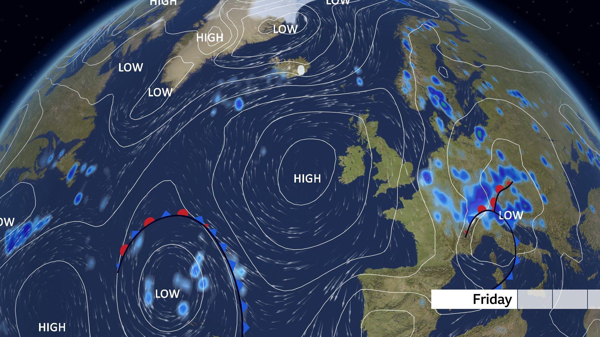 鶹Լ Weather map showing a large area of high pressure centred to the west of Ireland