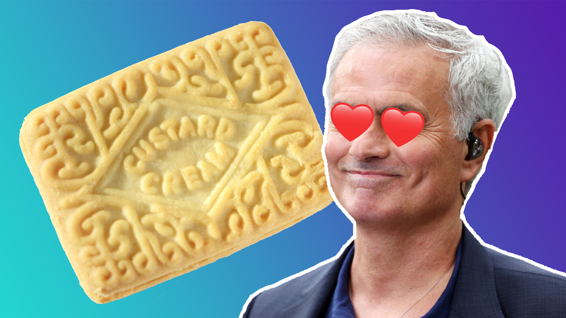 Jose Mourinho with heart eyes next to giant custard cream.