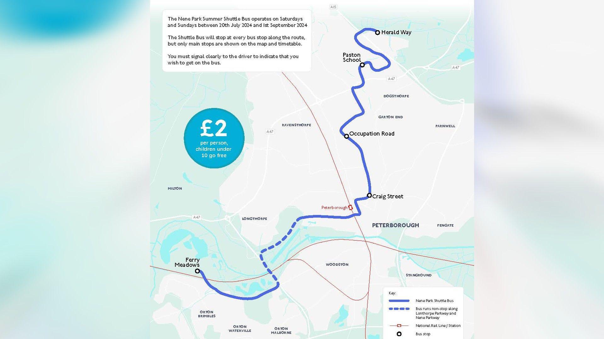 Map of the shuttle service with a blue line connecting Herald Way and ending at Ferry Meadows