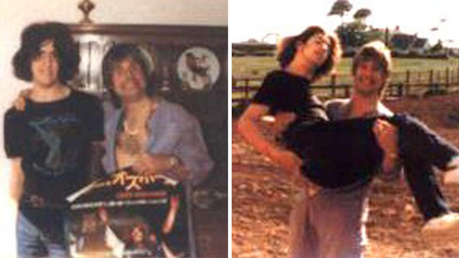 A composite image, on the left is Ozzy Osbourne wearing a purple jumpsuit with his arm around a teenage boy with shoulder length black hair, they are both smiling. In the image on the right Ozzy is pictured with the same teenager, this time outside and holding the boy in his arms