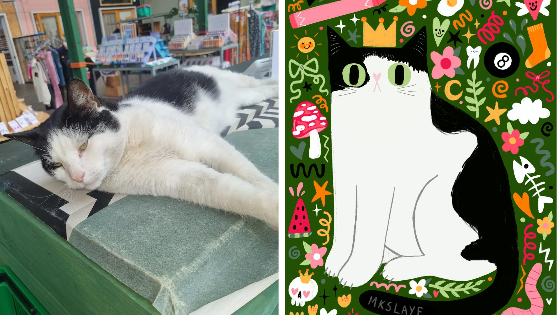 Two images, in a photograph Murphy is sitting on a car at Fargo Village in front of a mural. The second image is an artistic impression of him wearing a crown which will be used on merchandise.
