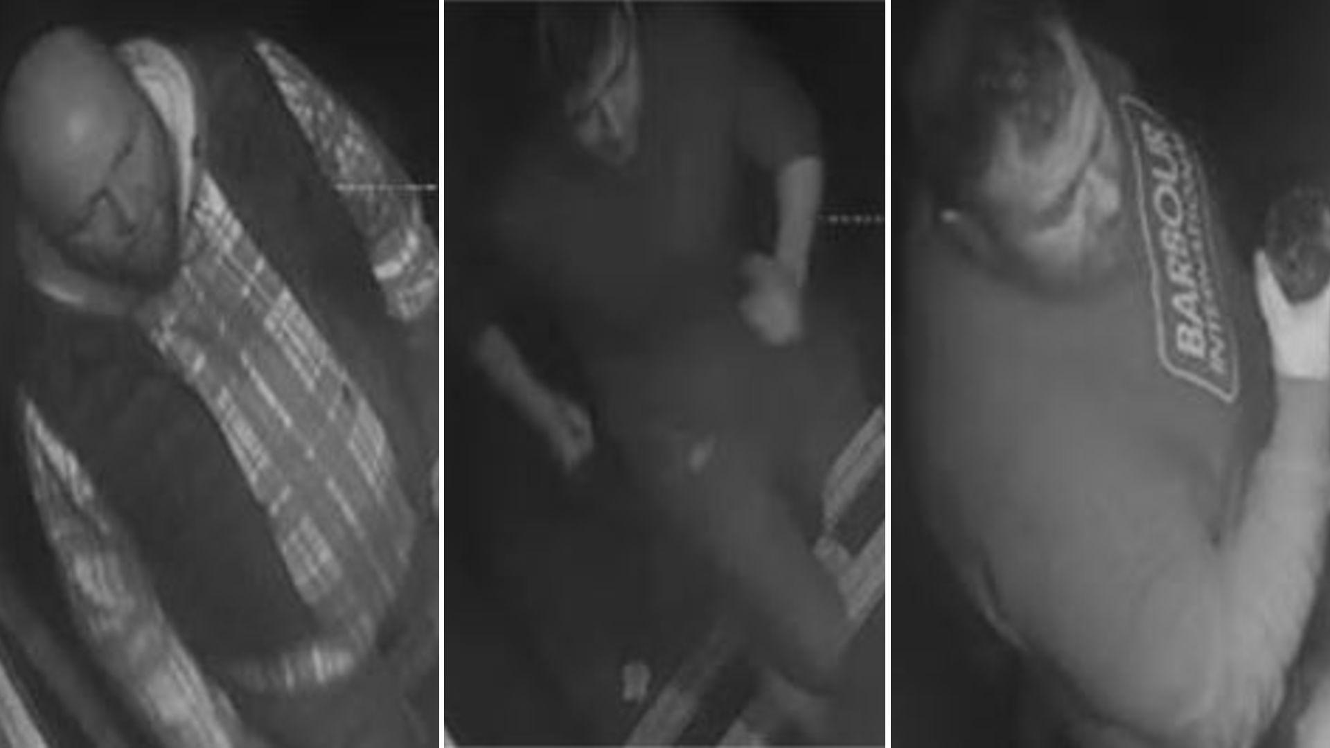 Three black and white CCTV images of three men.