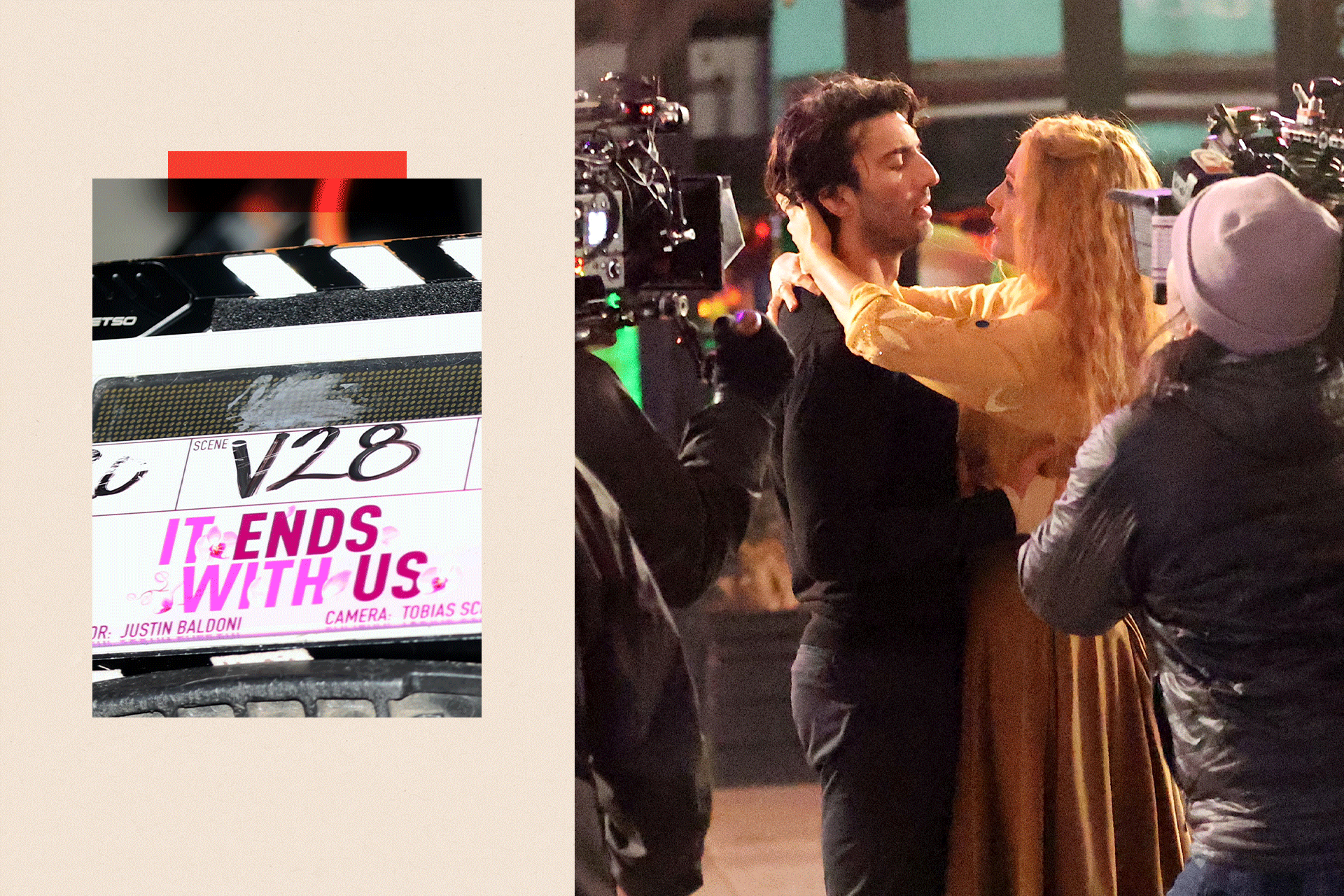 On the right, a close-up of a clapperboard featuring the It Ends With Us movie logo, while to the left, Justin Baldoni and Blake Lively are captured mid-scene.
