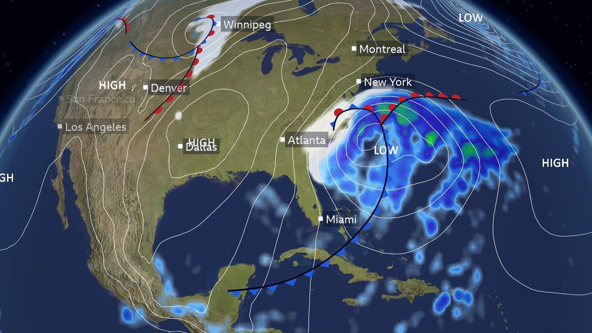 Map of eastern USA showing deep area of low pressure in the Atlantic. 