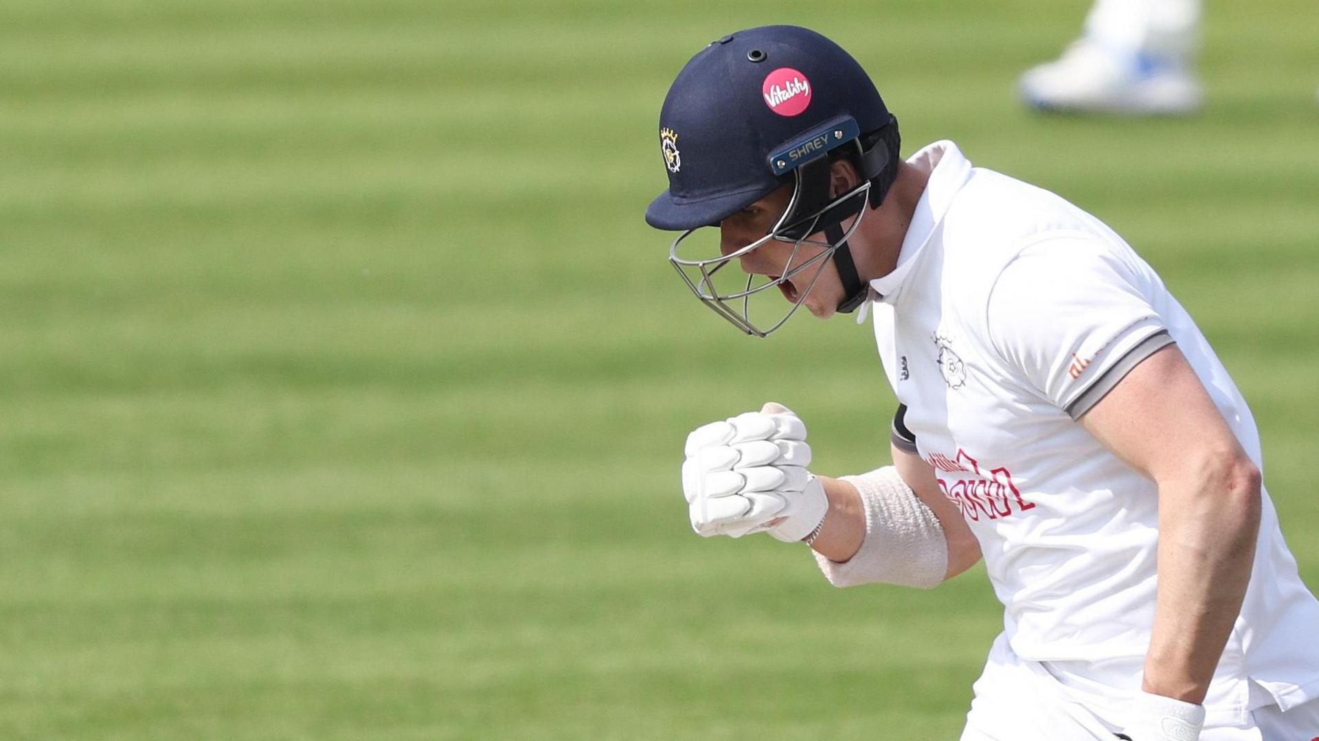 Ali Orr celebrates reaching his century for Hampshire against Durham