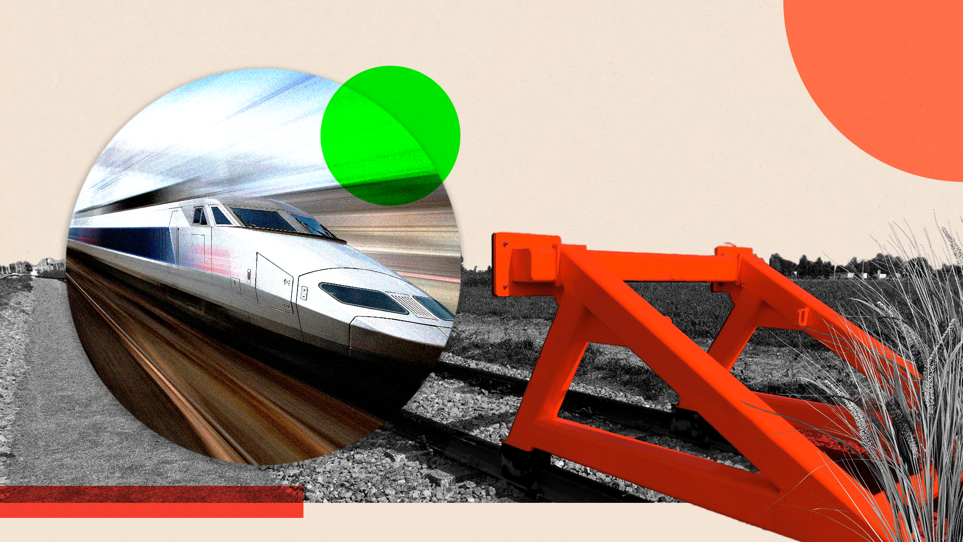 Montage image showing a futuristic train heading towards buffers