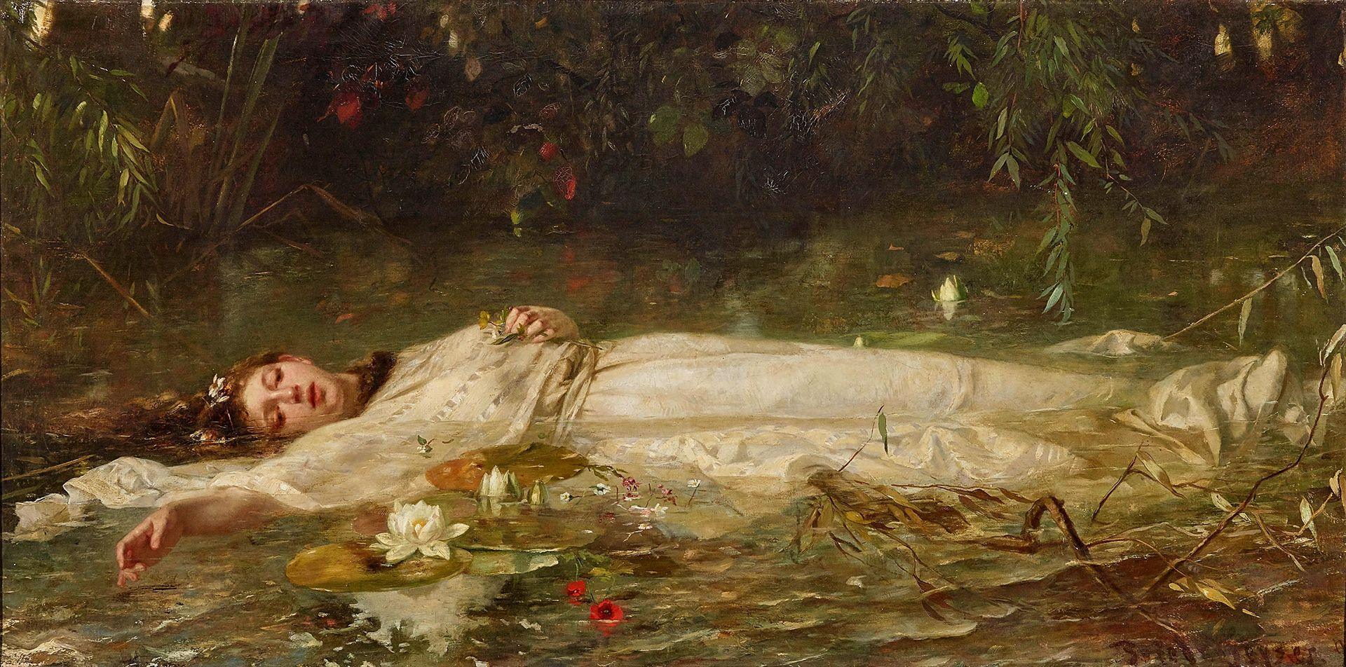 Detail from Friedrich Heyser's painting depicting Ophelia lying down in a grassy clearing of a forest with her arm stretched out, she's wearing a white gown and surrounded by flowers.