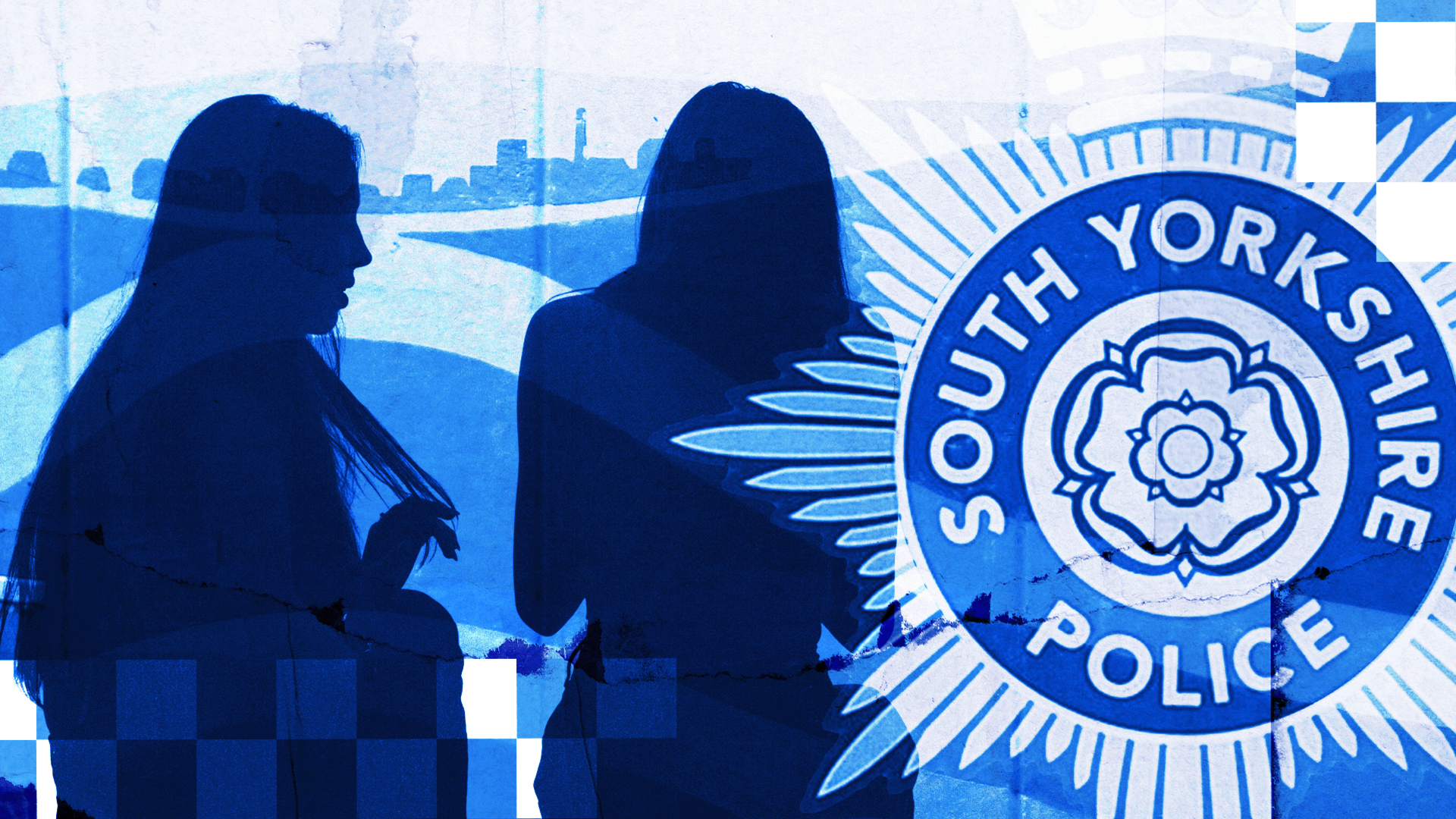 Designed image, tinted blue, showing the South Yorkshire Police logo on the right, and silhouettes of teenage girls with long hair. At the top is a mural showing a Rotherham hillside.