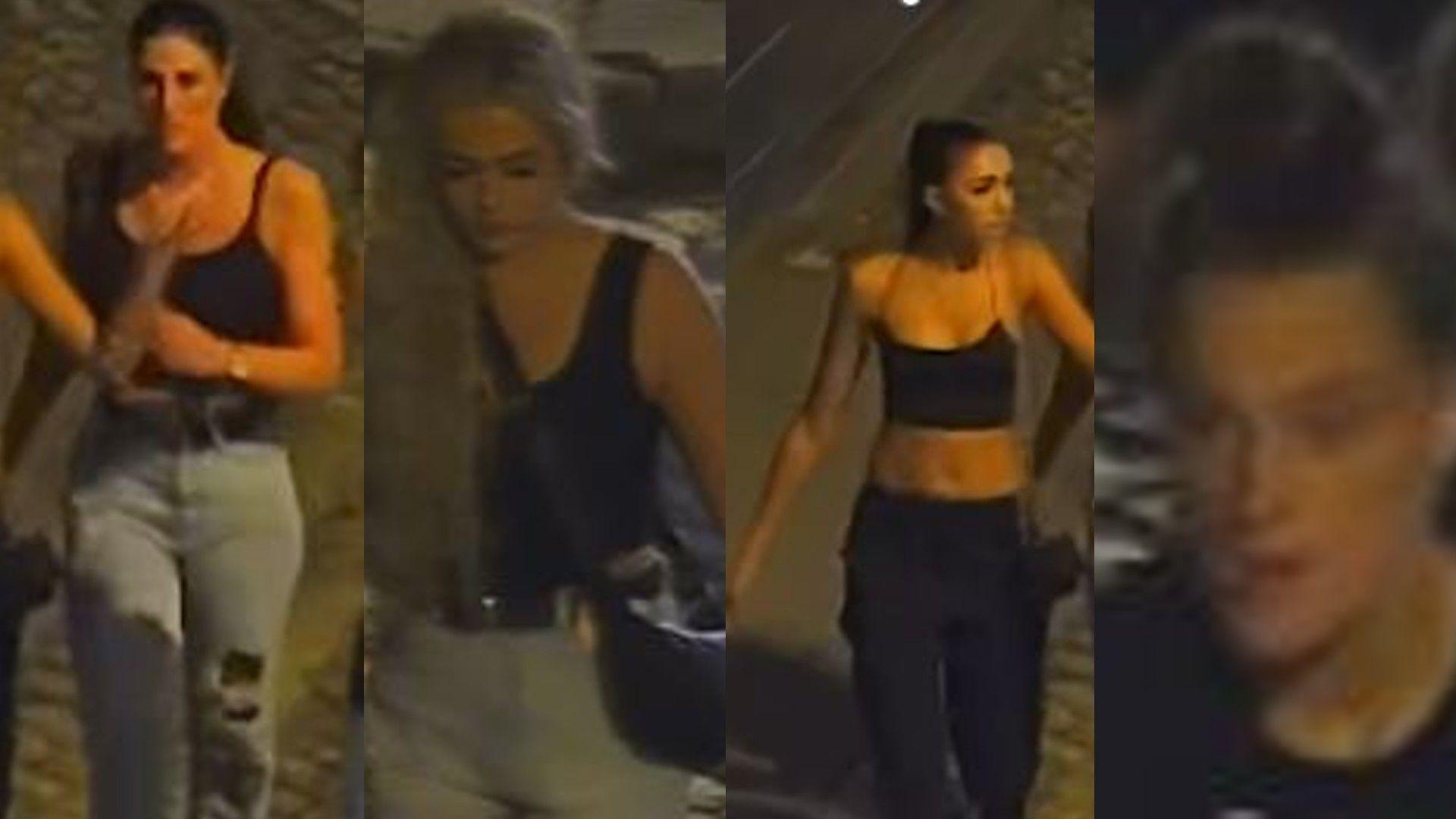 Four CCTV stills showing women, all wearing black vests, on a night out