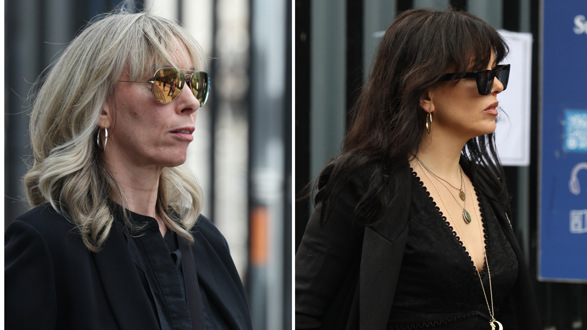 Composite showing Cait O'Riordan and Imelda May arriving to church. Both pictured in black clothing and wearing sunglasses.