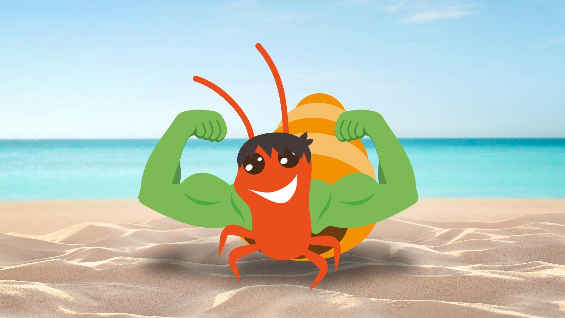 A-cartoon-hermit-crab-with-muscly-green-arms.