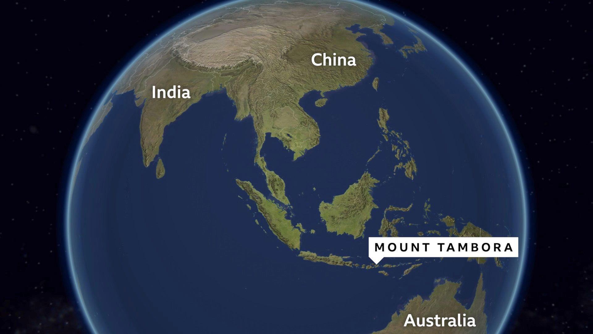 World map showing the location of Mount Tambora in Indonesia. Australia, China and India are marked don the map too.