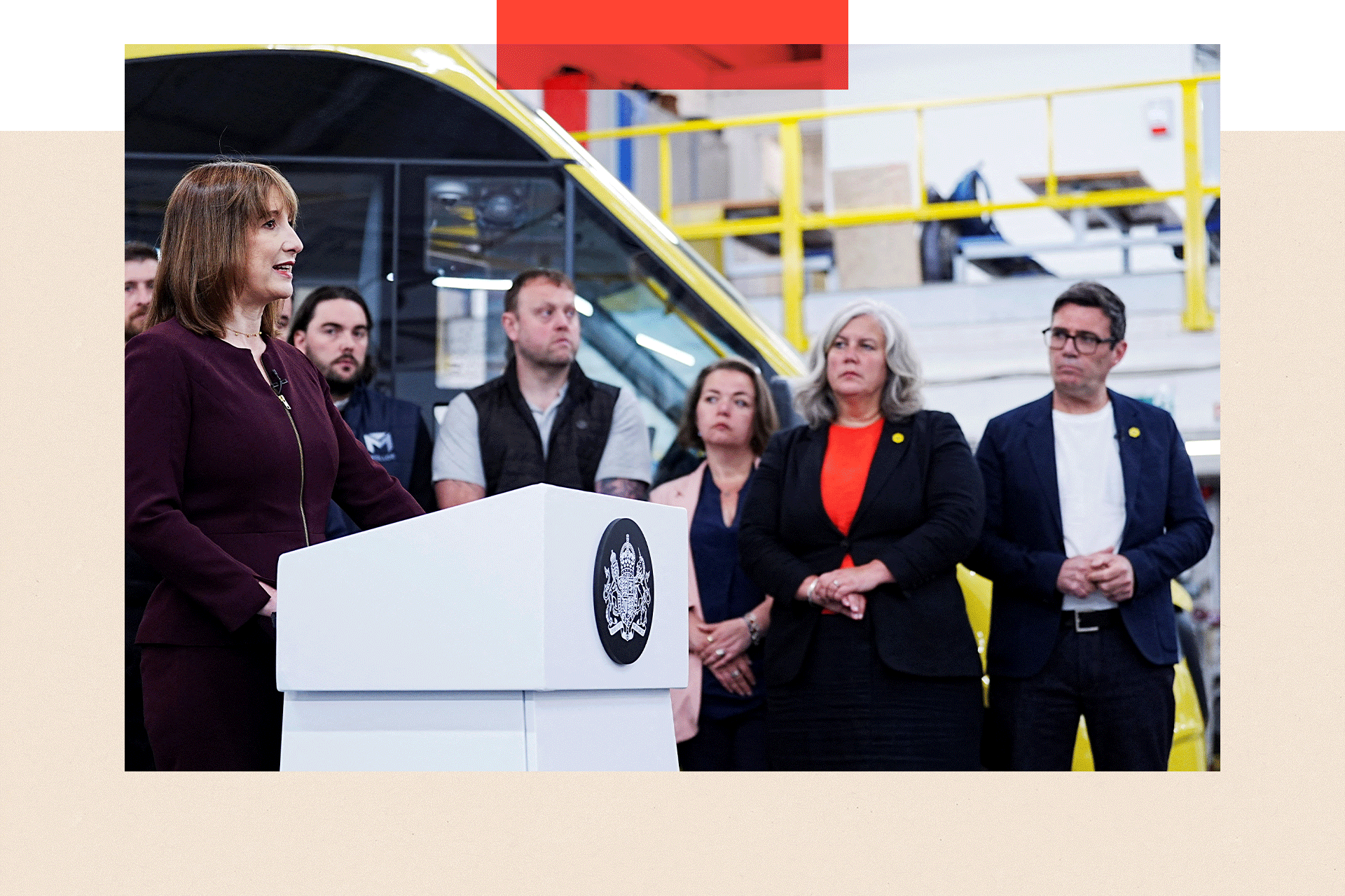 Chancellor of the Exchequer Rachel Reeves delivers a speech as Transport Secretary Heidi Alexander (second right) and Andy Burnham (right), Mayor of Greater Manchester, look on
