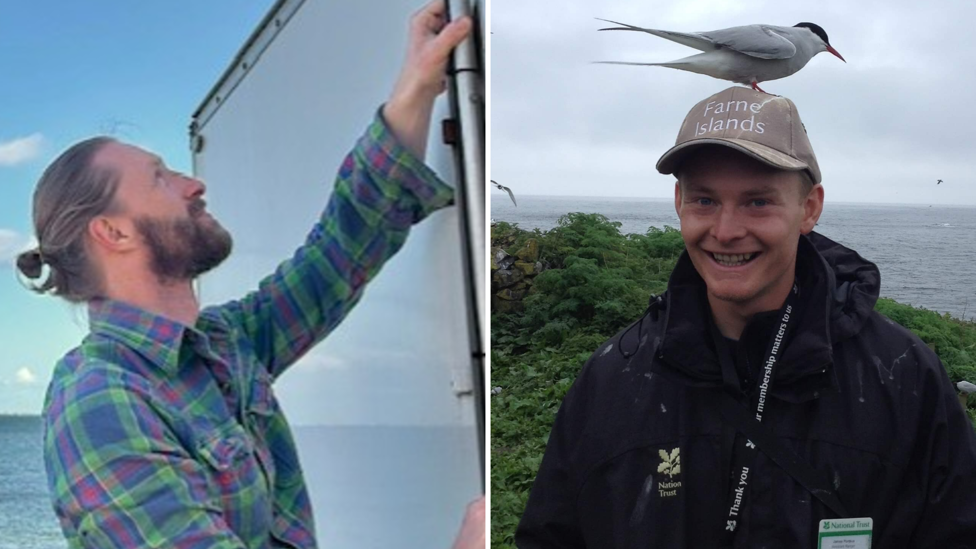 A composite image of Daniel Wilson and James Porteus. On the left, Mr Wilson is, who has a brown beard and brown hair tied in a small bun, is putting up a poster. Mr Porteus on the right is smiling at the camera with a bird sitting on his head.