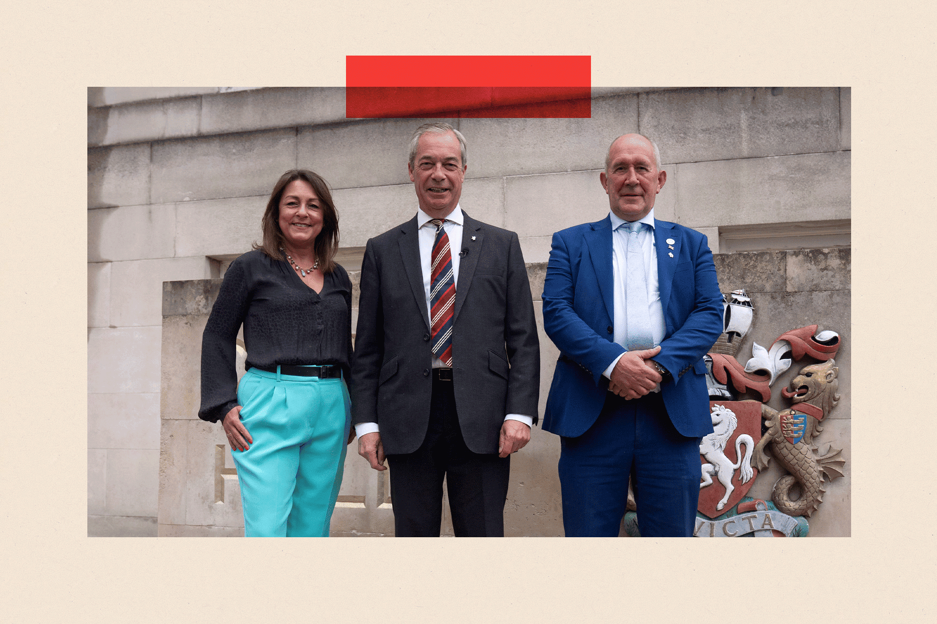 Reform UK leader Nigel Farage in the middle and (left to right) the Head of Kent County Council, Linden Kemkaran and councillor Brian Collins pose for a photo