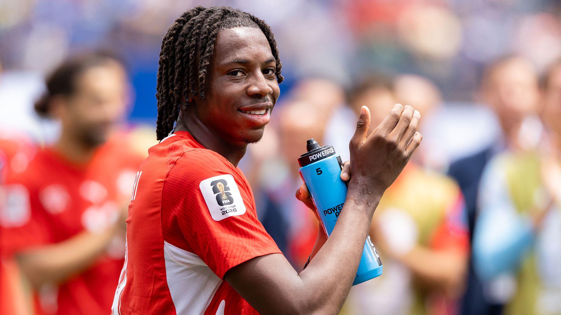 Johan Manzambi of Switzerland applauds the crowd after the FIFA World Cup 2026 Group B match between Switzerland and Bosnia and Herzegovina at Los Angeles Stadium on June 18, 2026