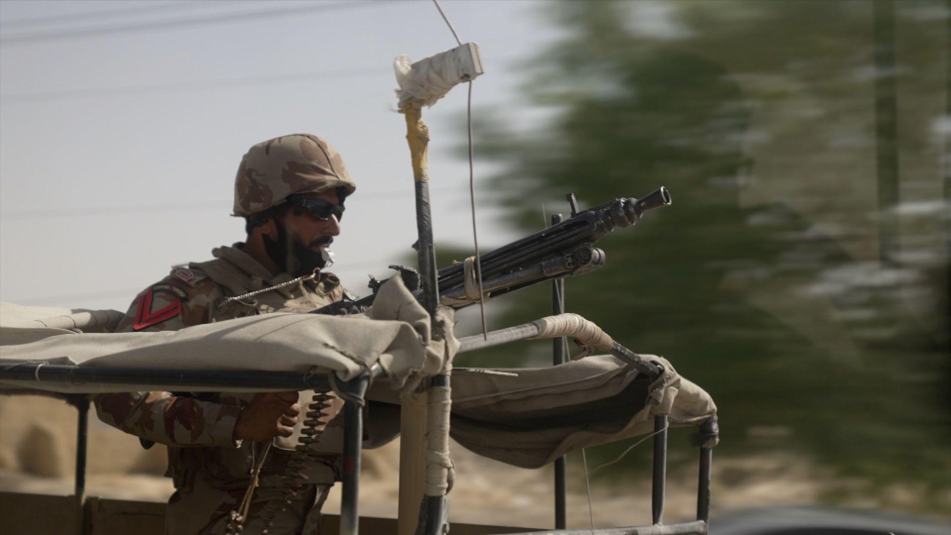 A Pakistani soldier is part of the military convoy escorting the BBC in Quetta