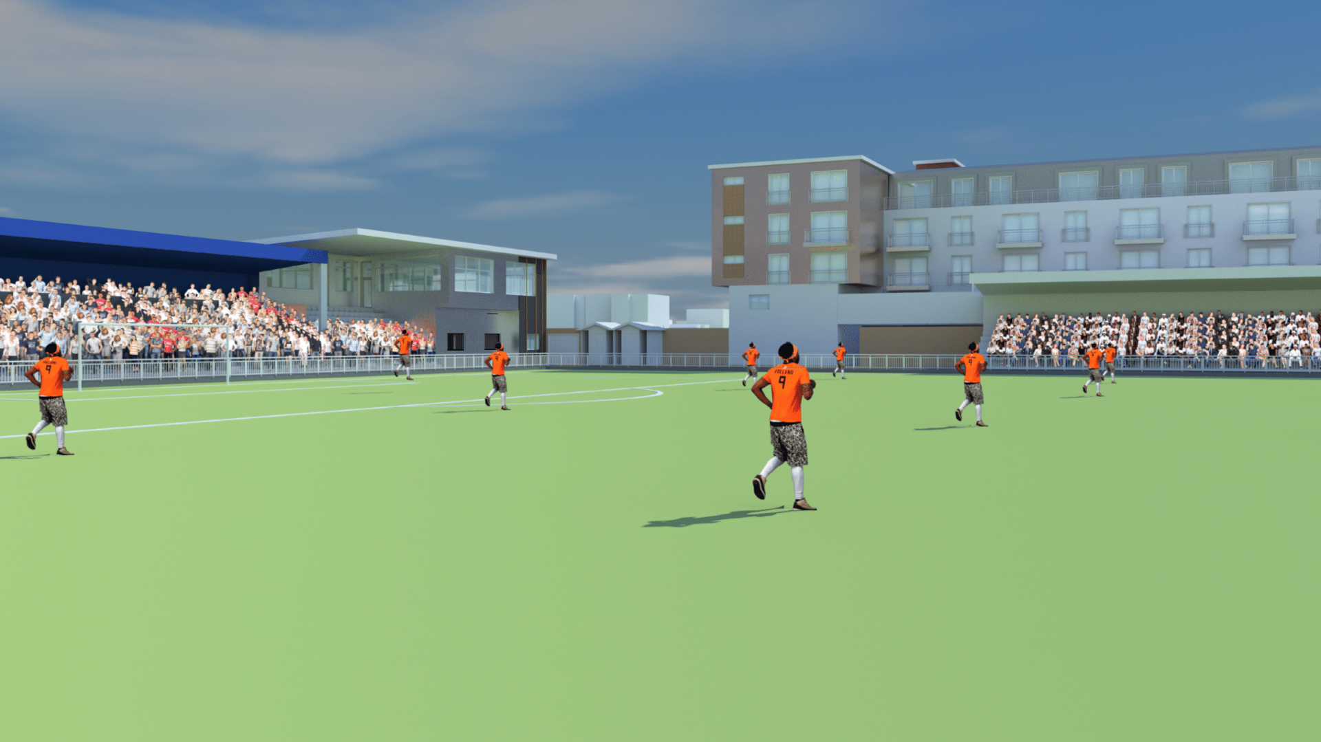 Artists impression of the football ground with a computer generated team playing on the grass and people in the stands.