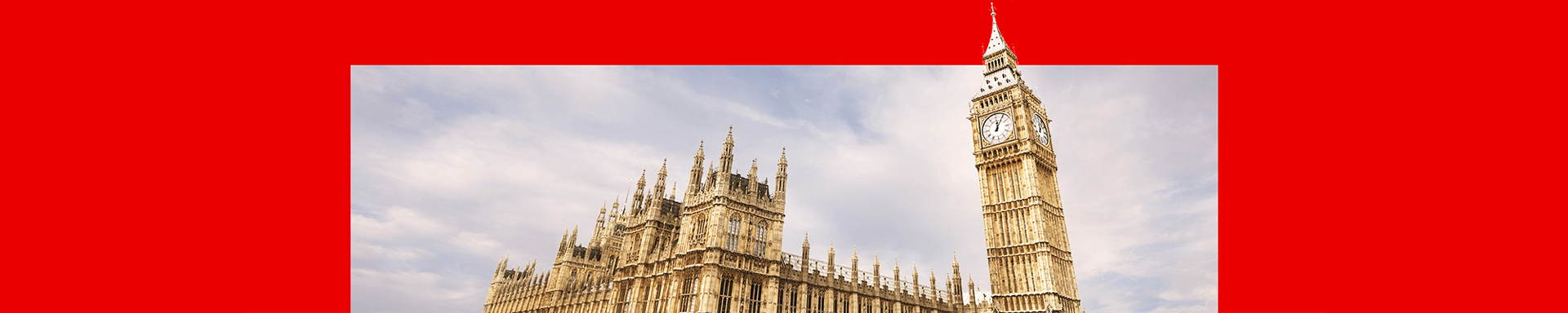 A thin, red banner promoting the Politics Essential newsletter with an image of the Houses of Parliament with a cloudy sky in the background.