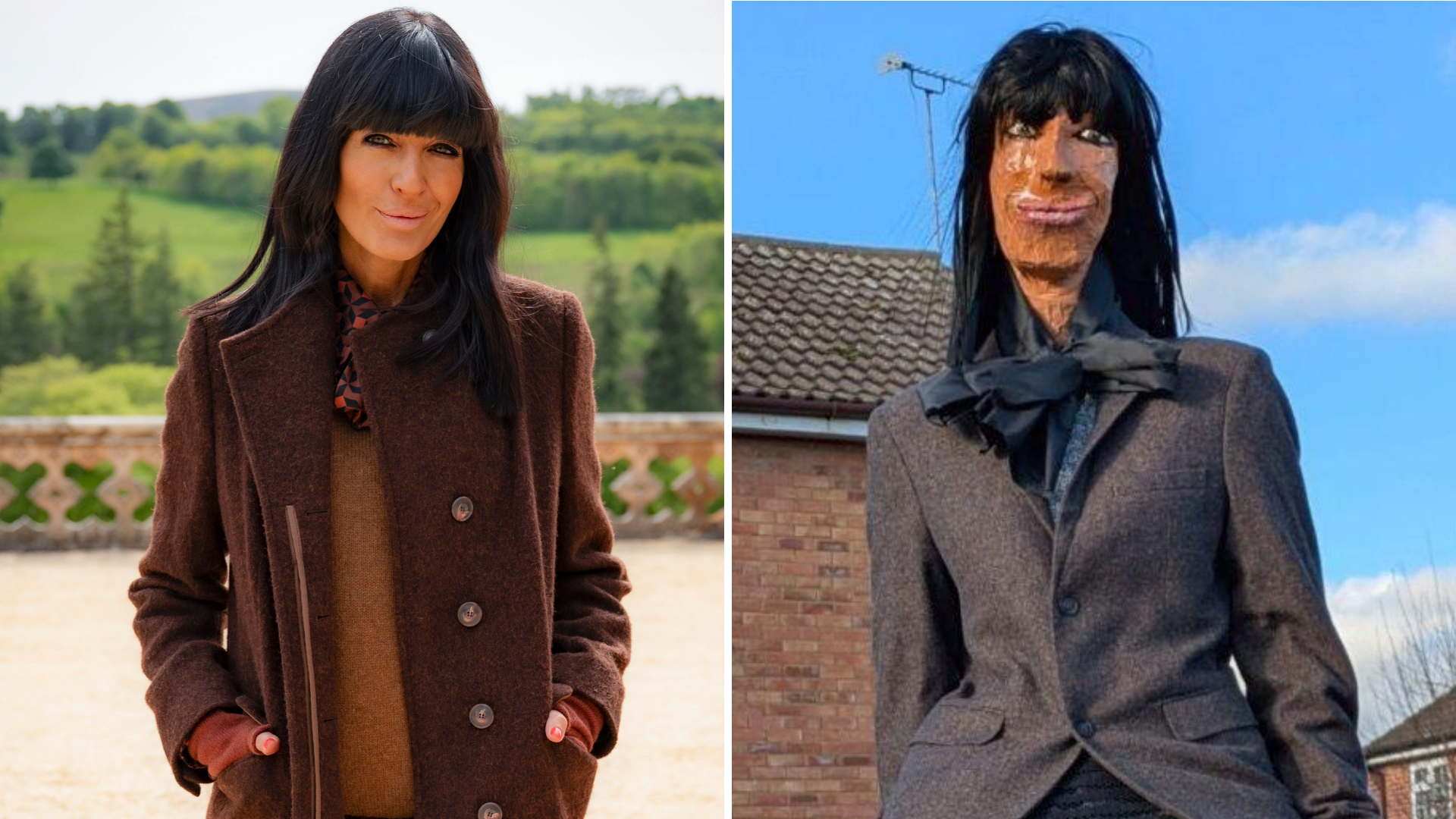 Image of Claudia Winkleman on the set of The Traitors castle. She has brown hair and a large fringe and is smiling to the camera. It is next to an image of her as a papier mache model - in a grey jacket. 
