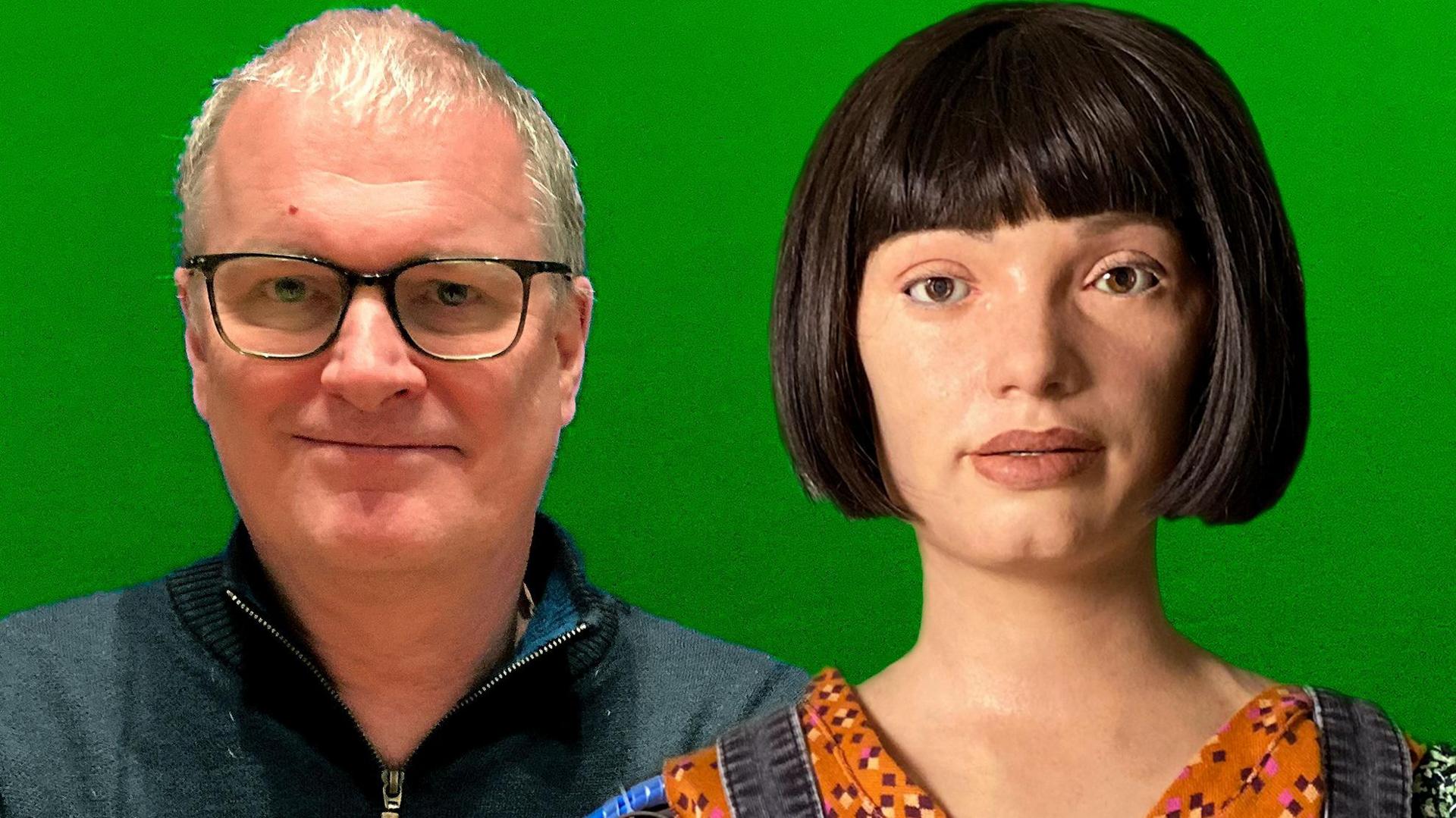 Ai-Da and her creator Aidan Meller photographed in front of a green canvas.