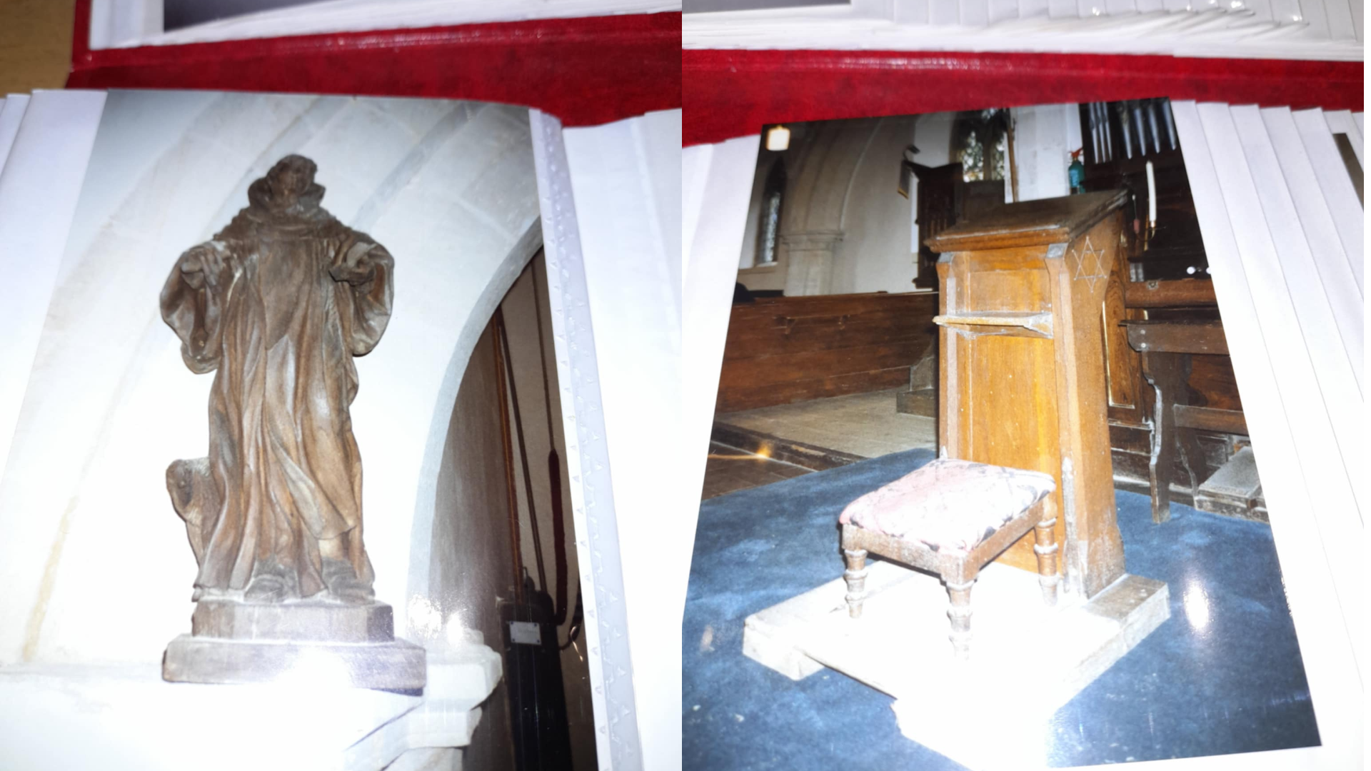 Photos in an album. They include a dark brown statue and a prayer stool next to a wooden lectern.