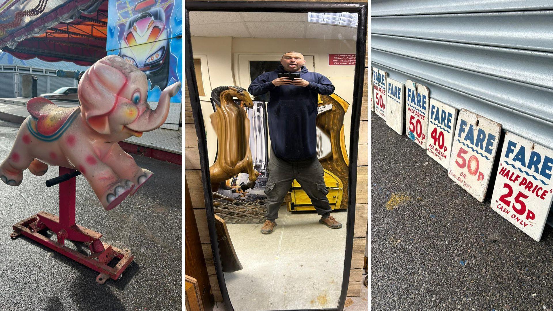 A trio of images: A pink elephant which children can sit on is on the left, David takes a selfie in a magic mirror which elongates his torso in the middle, and on the right a line of vintage signs showing different fare prices can be seen. 