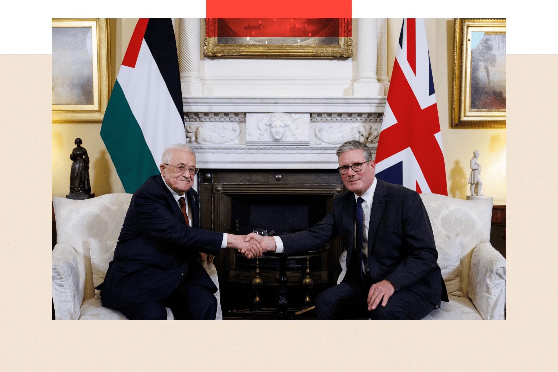 British Prime Minister Keir Starmer (R) and the President of the Palestinian Authority Mahmoud Abbas (L) shake hands