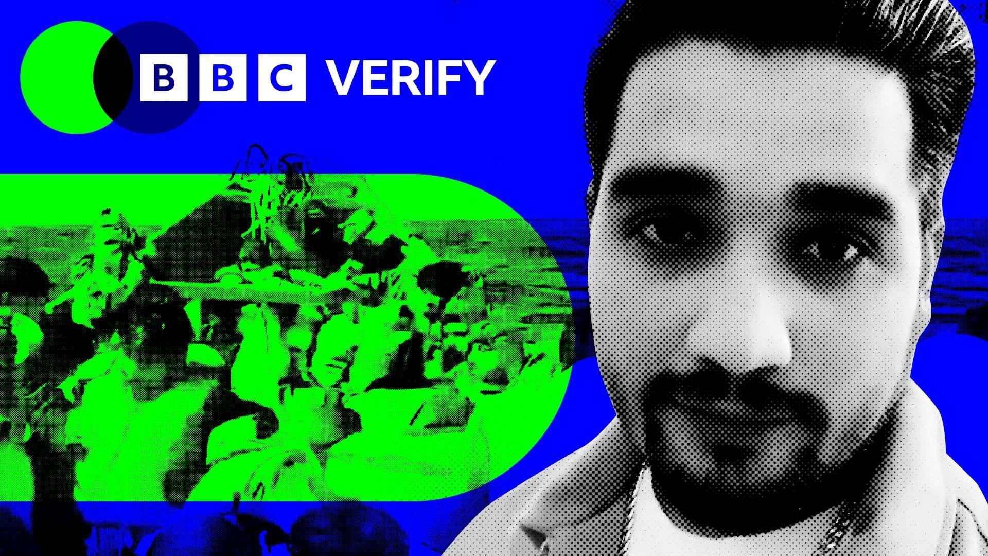 An image of Fadi Gujjar imposed over the BBC colours and branding. He is wearing a jacket and chain and is staring at the camera. Alongside him is a screengrab of a boat carrying migrants on the open sea.