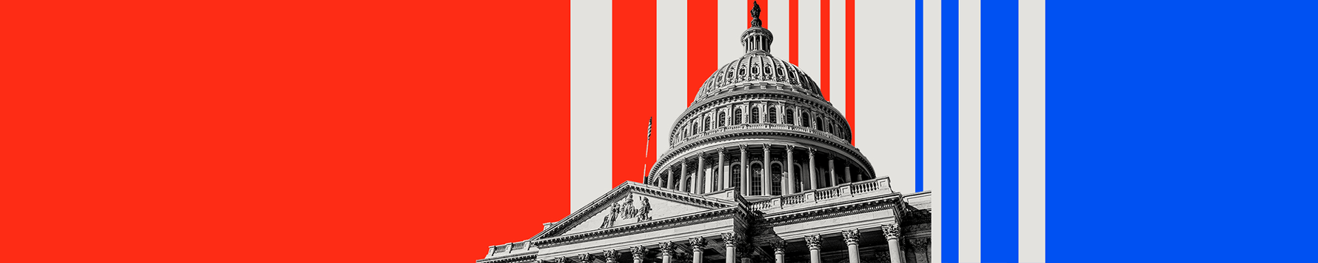 A thin red, grey and blue banner promoting the US Politics Unspun newsletter. Aligned slightly to the right, there is a black-and-white image of the Capitol Building against a background of vertical red, grey and blue stripes.