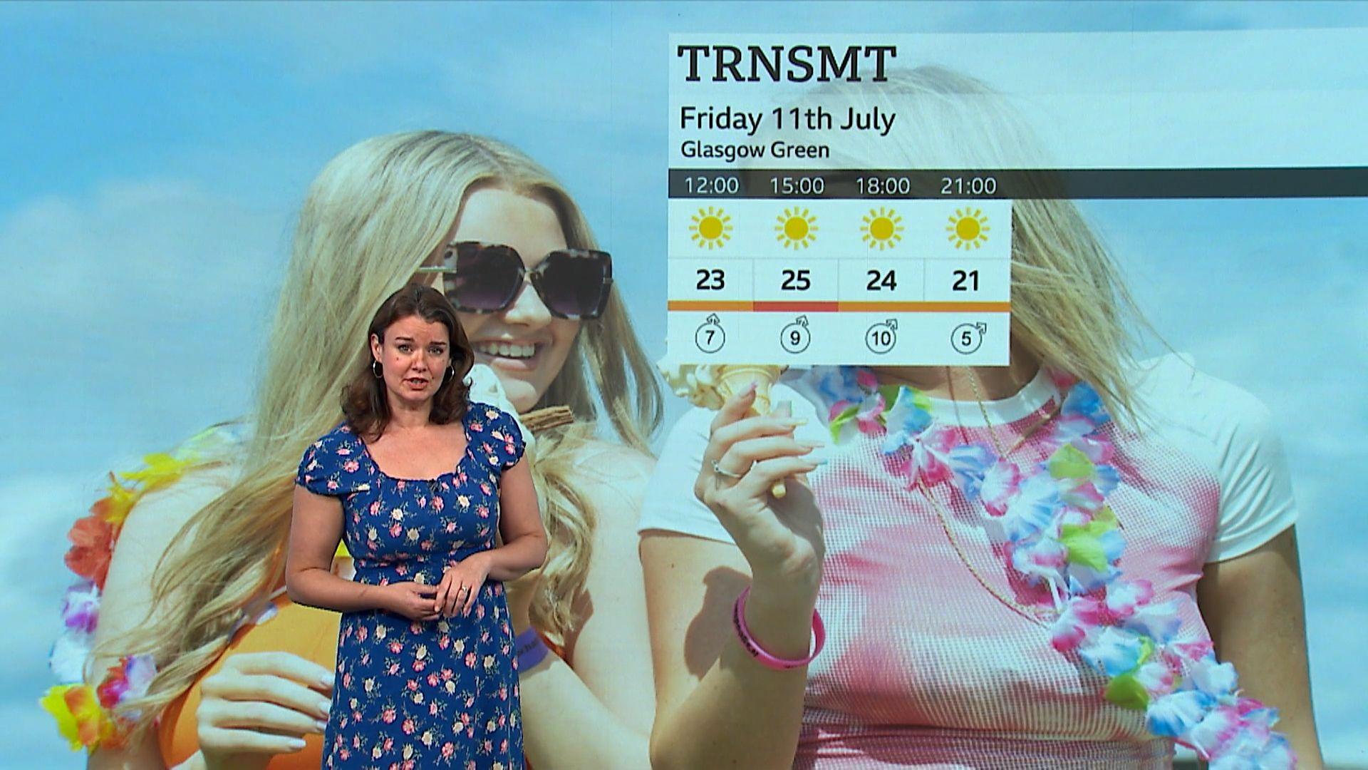 Gillian Smart stands in front of a sunny weather forecast for Glasgow during TRNSMT music festival, two women eating ice cream are in the backdrop