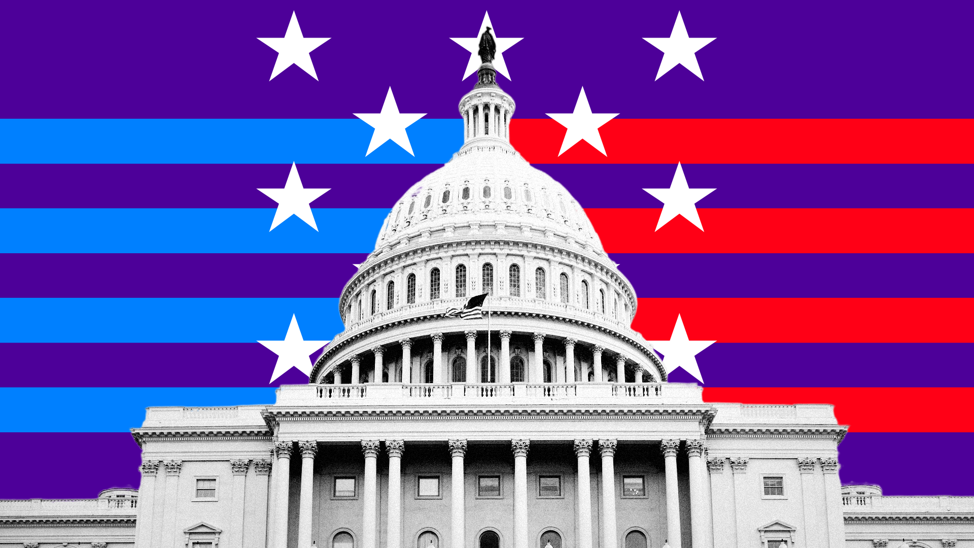 Graphic showing US Congress in front of red and blue stripes and a purple background with white stars