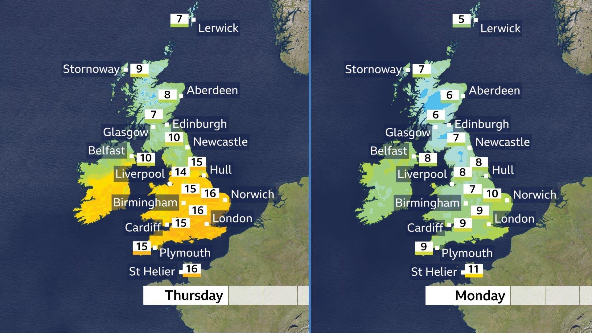 Temperatures maps for Thursday and the the following Monday that show a temperature drop of 2 degrees in Scotland and Northern Ireland and 6 to 8 degrees in England and Wales.