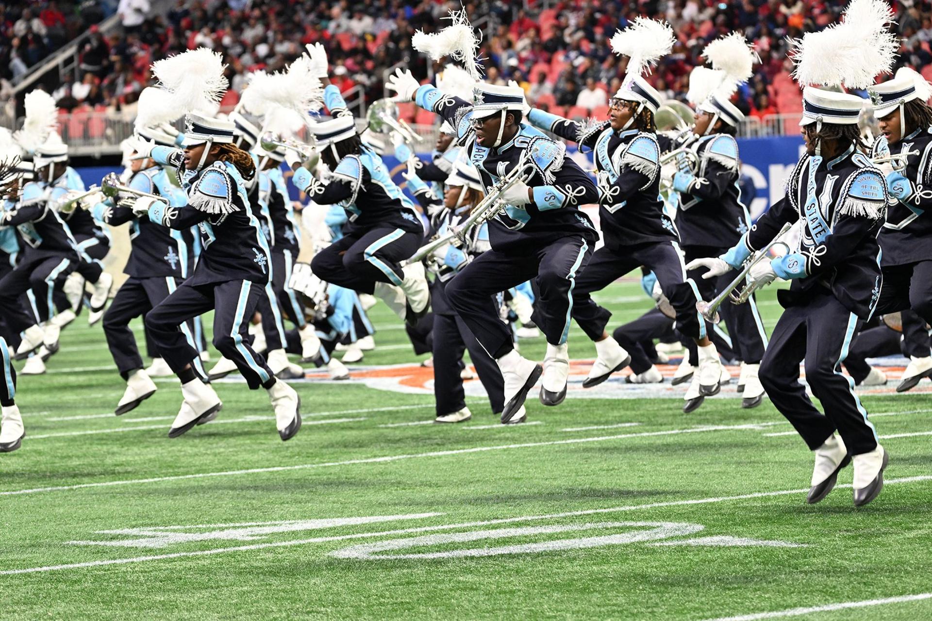 Sonic Boom of the South of the Jackson State University perform on the field during the 2024 Cricket Celebration Bowl at Mercedes-Benz Stadium in Atlanta, Georgia.