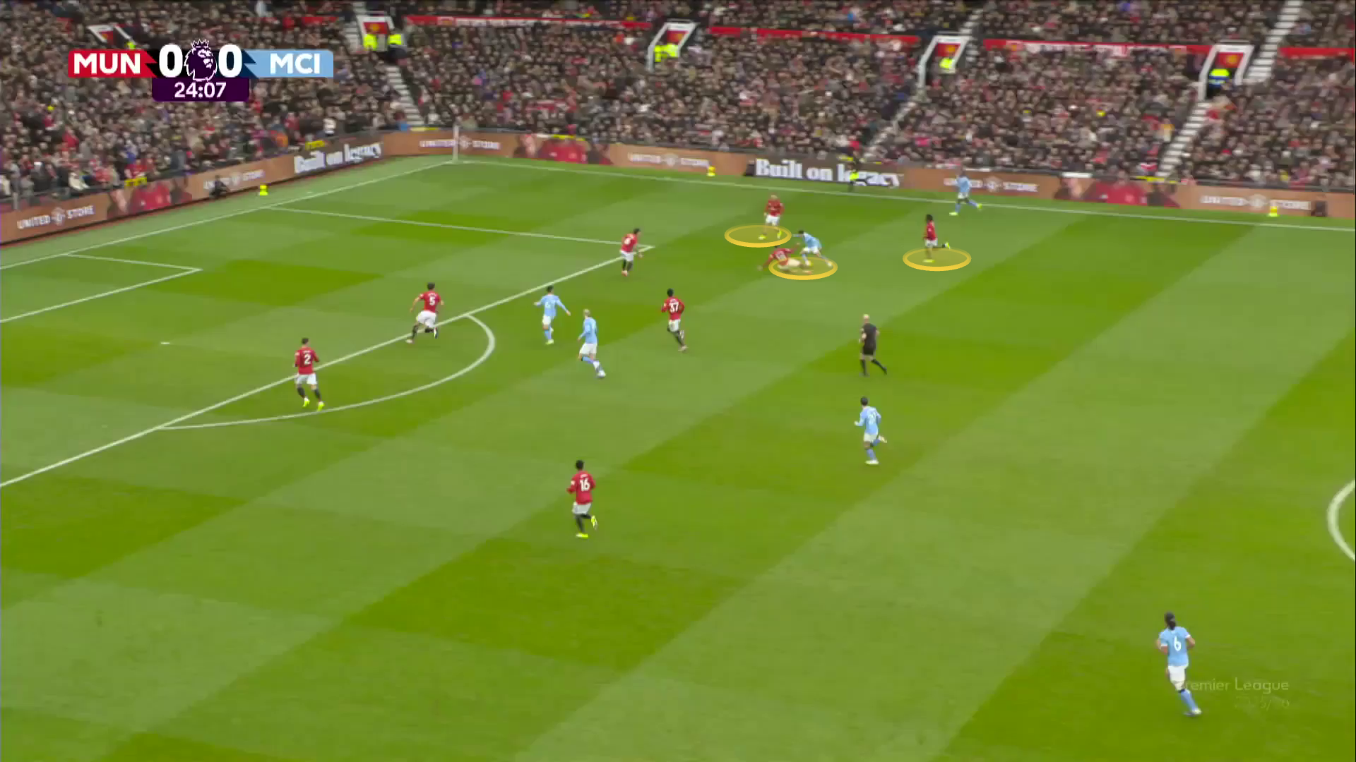 Screengrab showing Casemiro's slide tackle and United's compact defensive shape in their recent game against Man City.