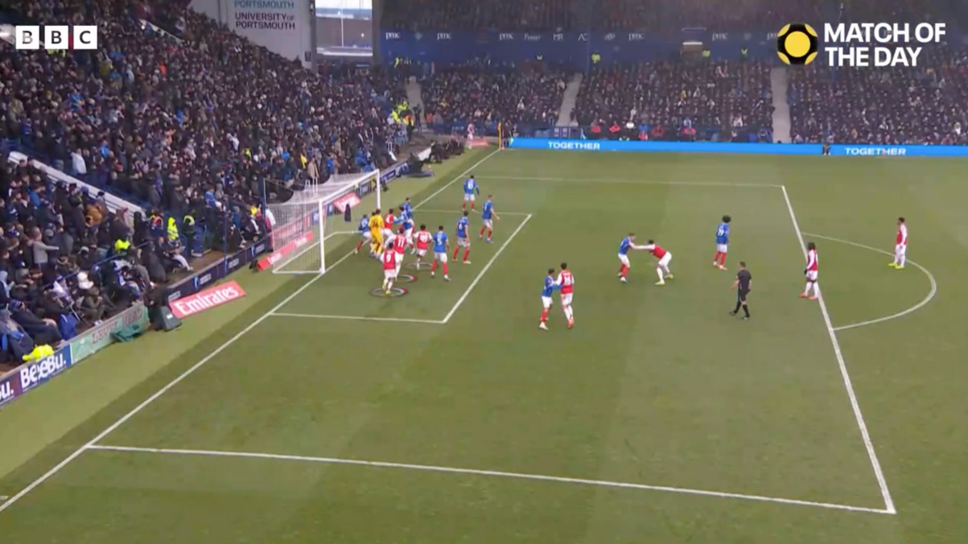 Portsmouth defend a corner as Arsenal look to score in their FA Cup match