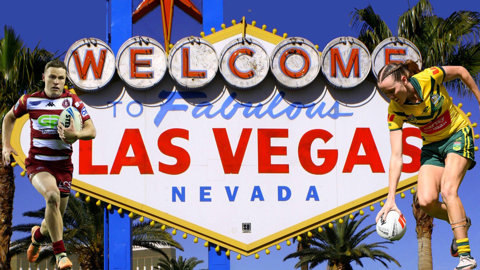 Two rugby players - Australian Jillaroos and Wigan Warriors over laying the welcome to Las Vegas sign.