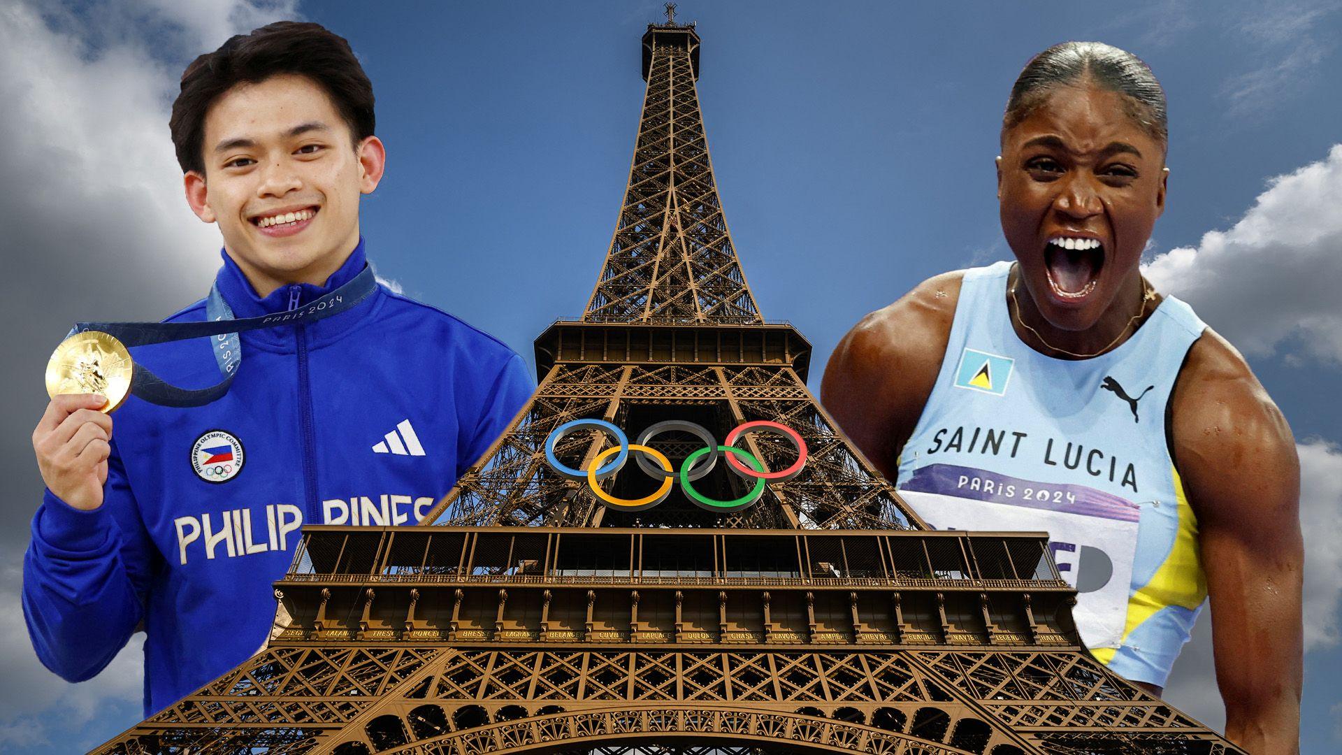 Eiffel tower with Olympic Logo. Behind it on the left is Carlos Yulo and on the right is Julien Alfred