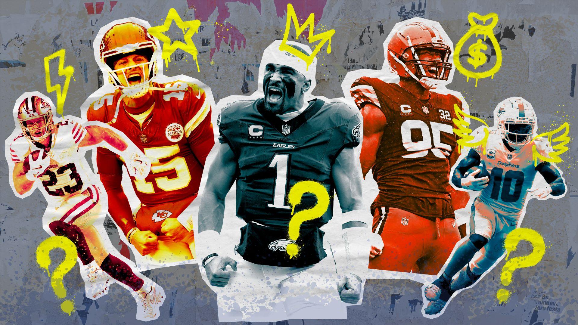 A stylised image of five NFL players in different shades with question marks around them