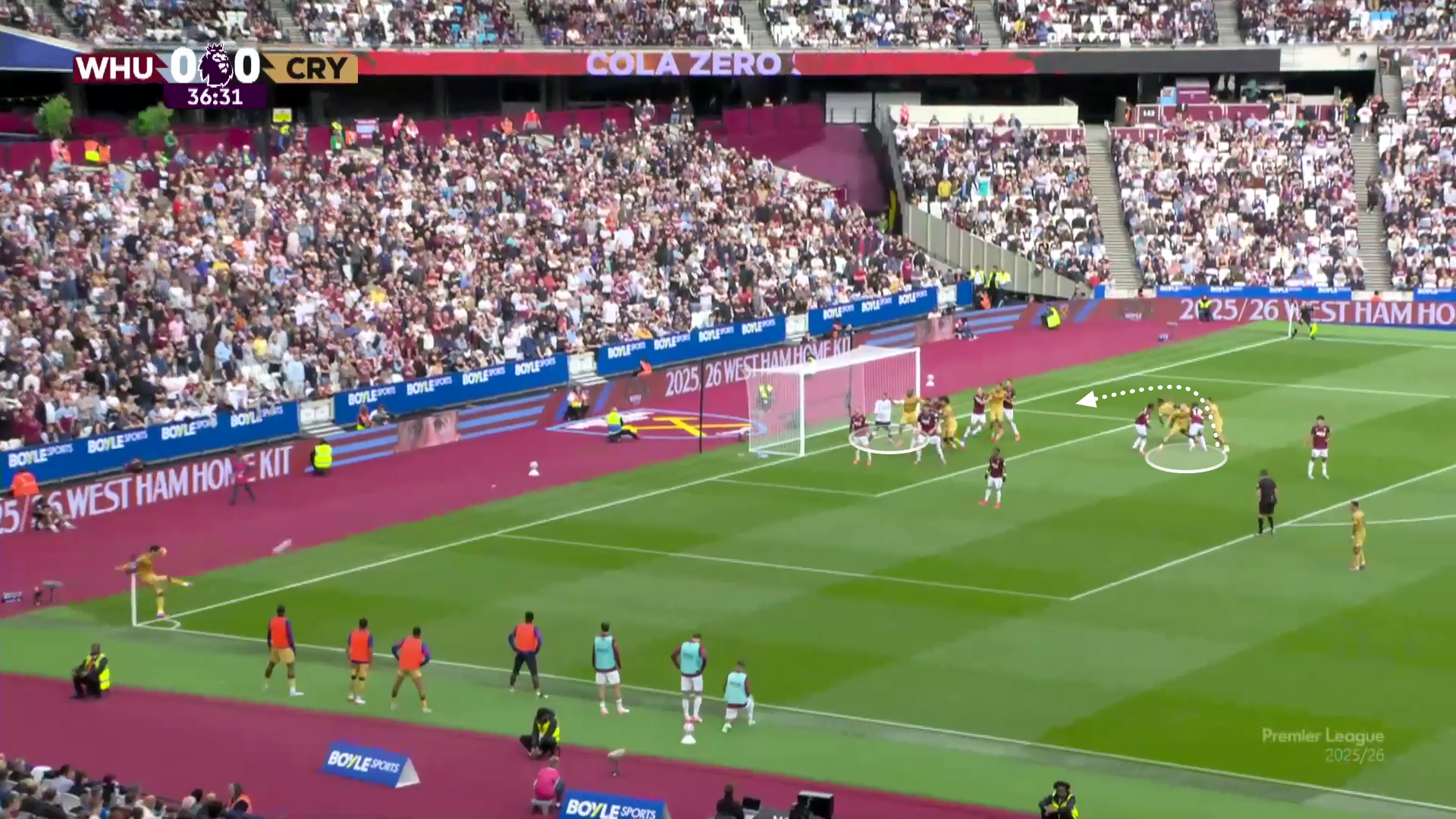Crystal Palace's off-the-ball blocking tactics are shown at a corner, as they prevent West Ham's players from getting to the ball for the opening goal