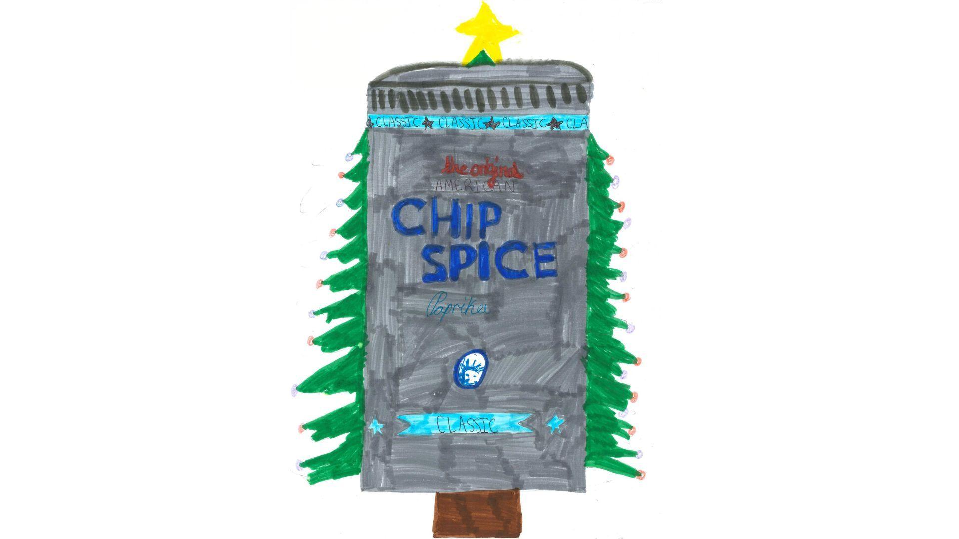 A pupil has drawn a chip spice carton Christmas tree, complete with green branches and a star on top.