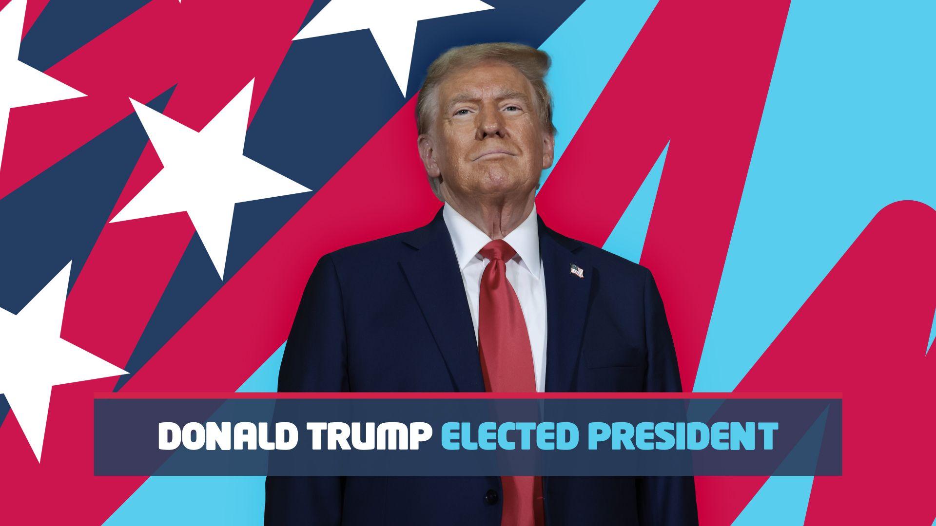 Donald trump in front of Blue and red background with squiggles and stars. It has writing at the bottom of the photo which says "Donald Trump Elected President"