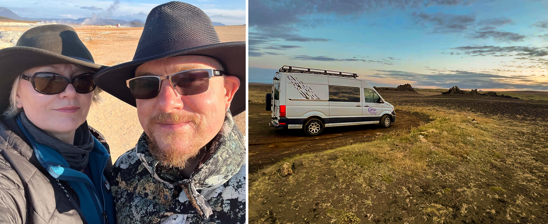 Two-panel image showing a travel scene. In the left panel, two people wearing wide-brimmed hats, sunglasses and outdoor jackets stand in a barren landscape. In the right panel, a white camper van with a roof rack is parked on a dirt track in open countryside. Rocky outcrops, grassland and a cloudy sky are visible in the background. 