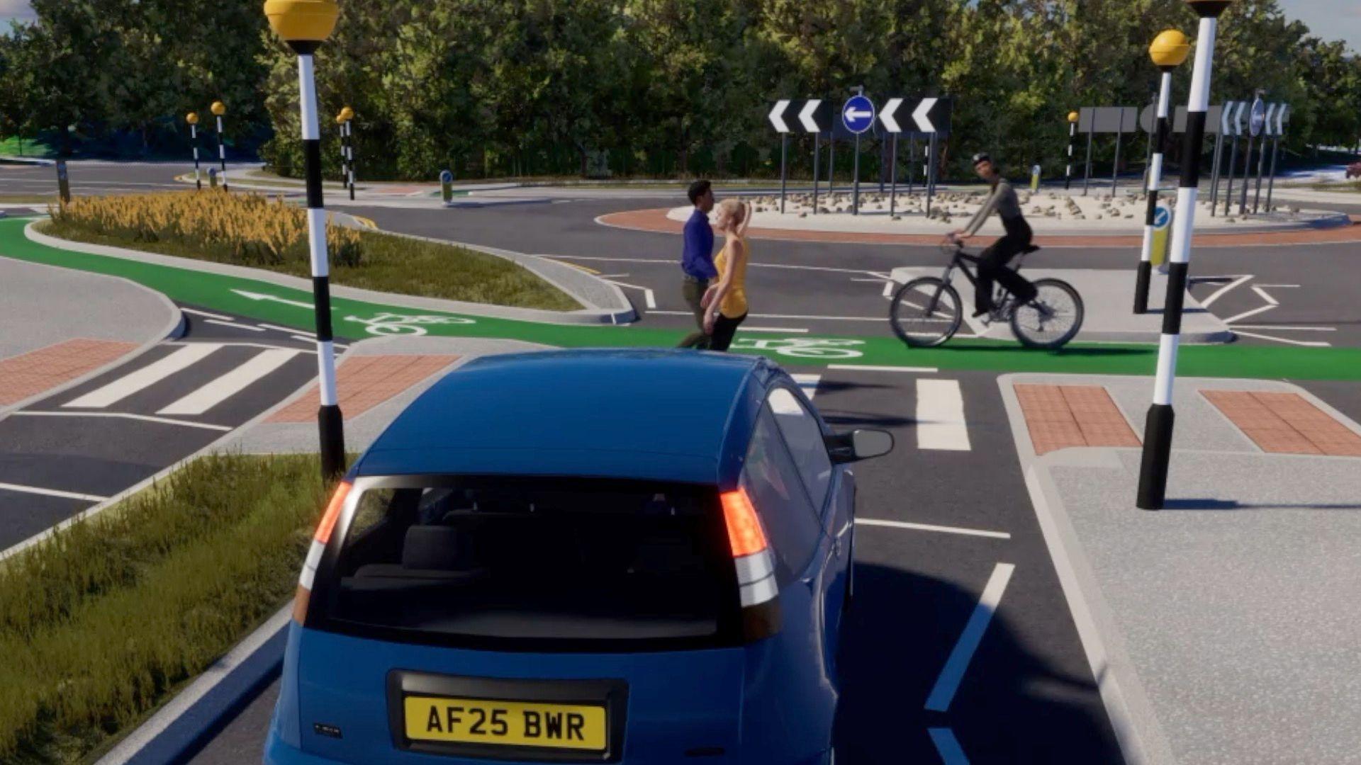 A CGI image of a car using a roundabout but giving way to a busy pedestrian crossing.