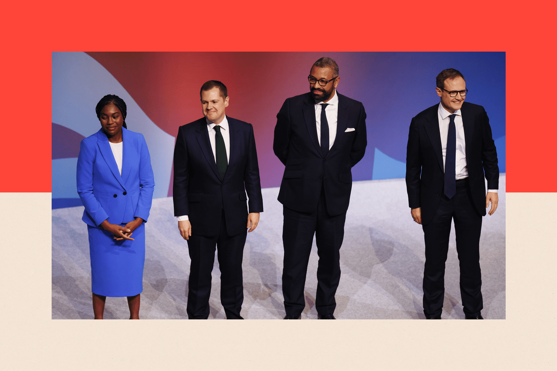 Conservative leadership contenders Kemi Badenoch, Robert Jenrick, James Cleverly and Tom Tugendhat acknowledge the audience after they delivered individual speeches on the final day of Conservative party conference at Birmingham ICC Arena on 2 October 2024.