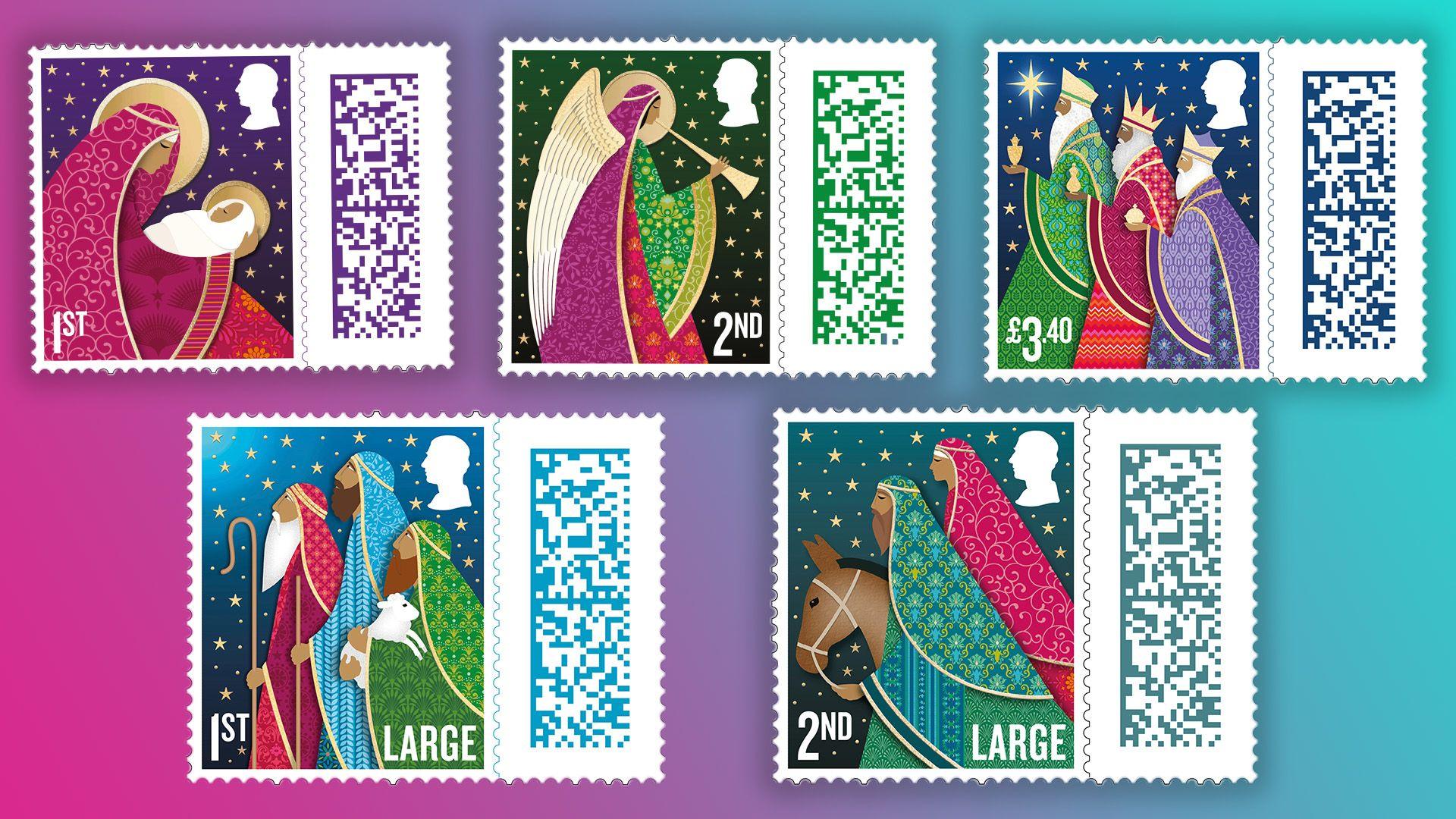 The stamps show: Mary and the Baby Jesus - 1st Class, Angel - 2nd Class, Three Wise Men - £3.40, Shepherds - 1st Large Letter and Mary and Joseph - 2nd Large Letter