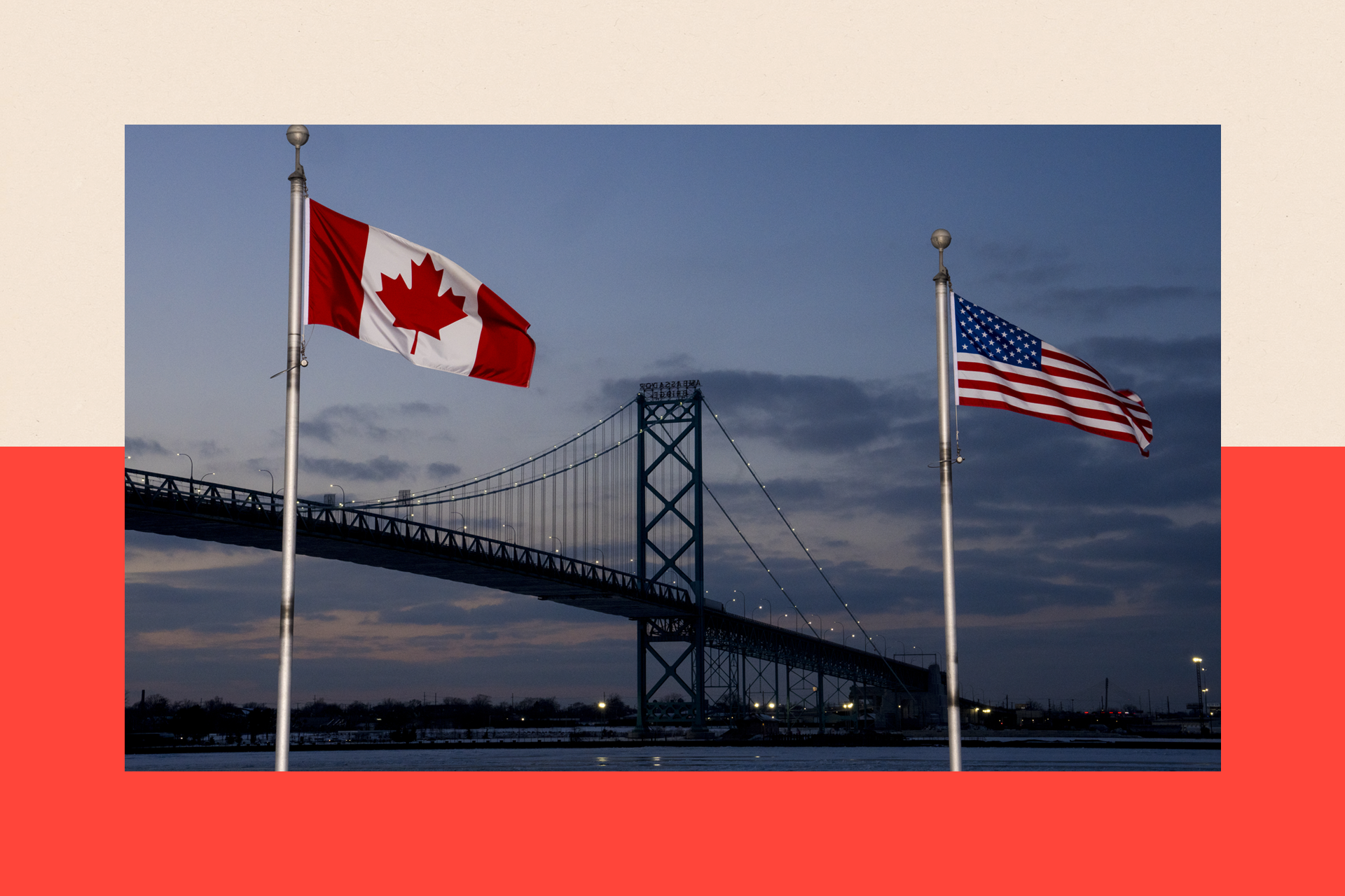 Canadian and American flags near the Ambassador Bridge in Windsor, Ontario, Canada
