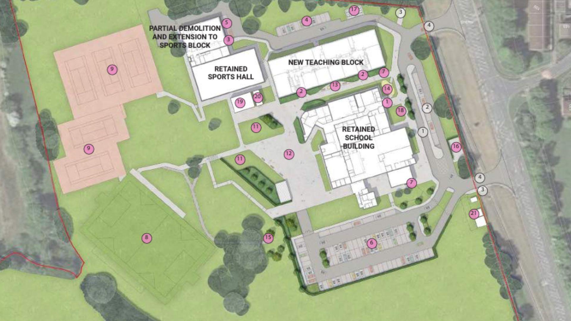 A construction map showing plans to rebuild the school.