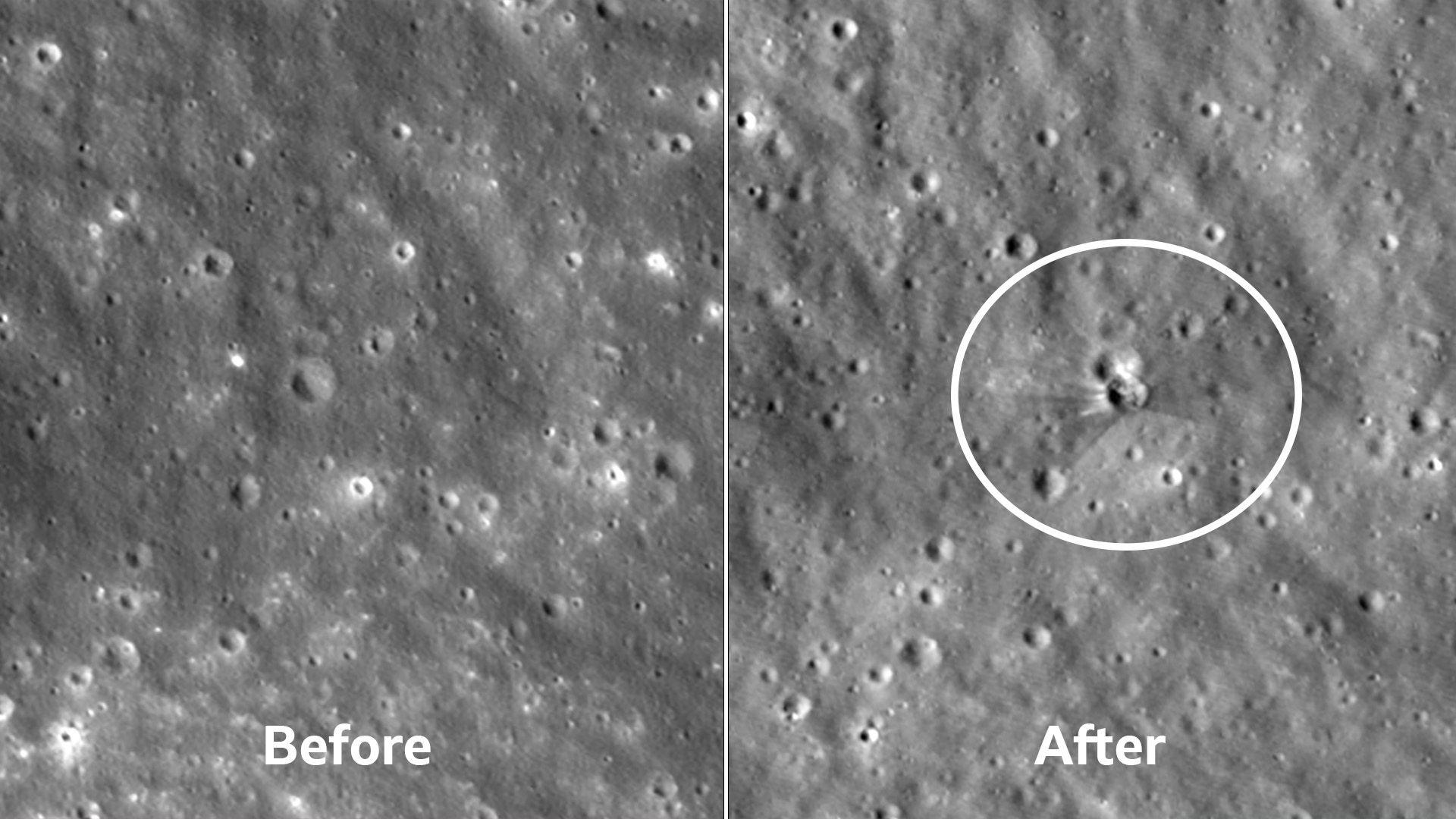 Two photographs side by side of the surface of the moon. On the left is the before picture. On the right, the after picture shows a crater circled. 
