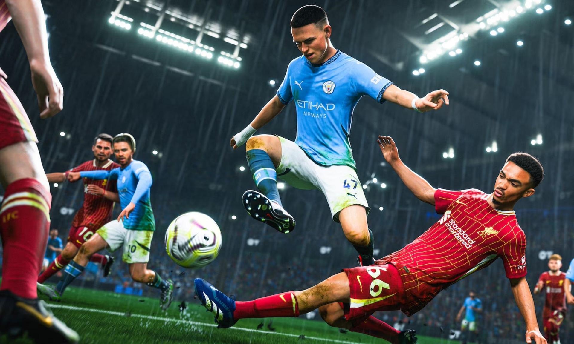 A screenshot from EA Sports FC 25 shows a player perform a sliding tackle on a rain-drenched football pitch